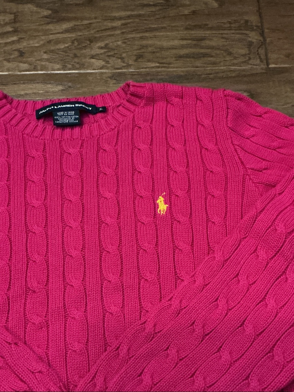 Ralph Lauren Sport Women’s XL Vintage Hot Pink Crew Neck Cable Knit Yellow pony - Picture 3 of 7